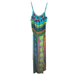 Hale Bob Tropical Colorful Maxi Vacation Resort Silk Slit Strappy Dress | S
